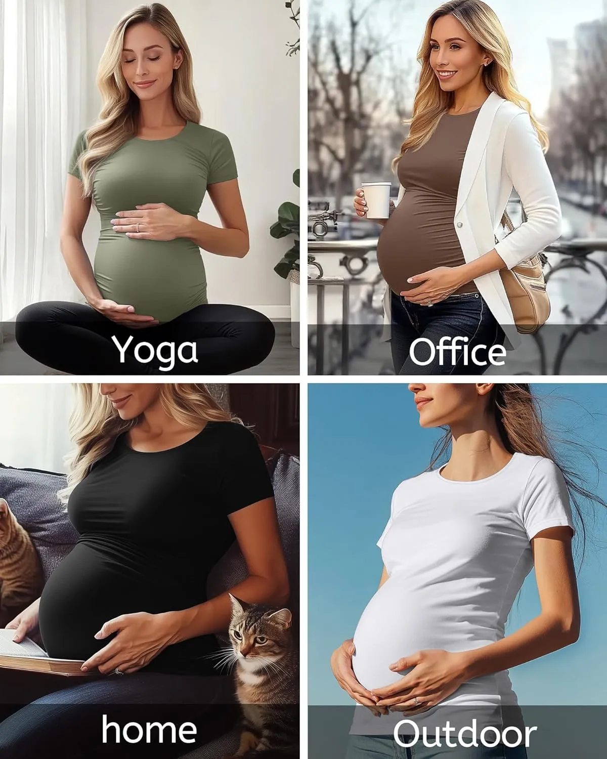 Huukeay 4 Pack Women's Maternity Shirts, Crew Neck Maternity Top Short Sleeve Casual Cotton Tee Side Ruched Pregnancy Clothes