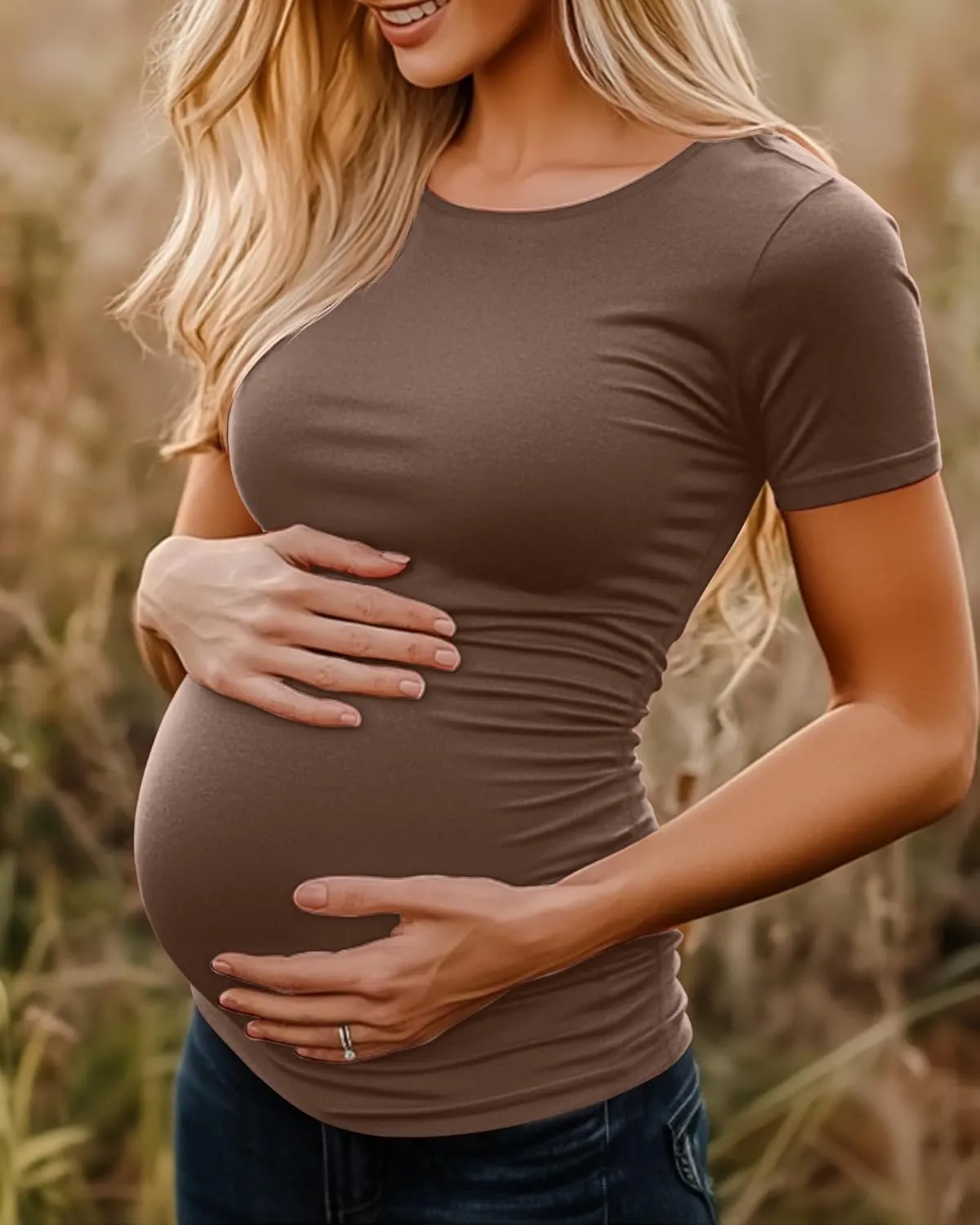Huukeay 4 Pack Women's Maternity Shirts, Crew Neck Maternity Top Short Sleeve Casual Cotton Tee Side Ruched Pregnancy Clothes