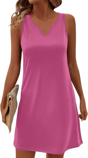 HXHYQKP Sun Dresses for Women 2025 Vacation Summer Casual Sleeveless Tank Dress Beach Cover Ups Trendy Midi Sundress