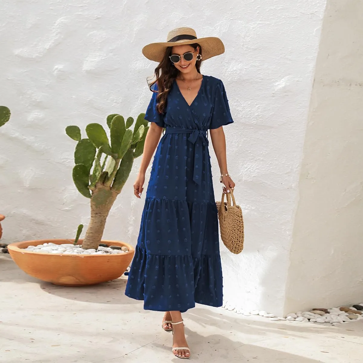 IDOPIP Women Casual Swiss Dot Tiered Maxi Dress with Belt Beach Summer Wedding Guest Sundress Elegant Cocktail Evening Outfit