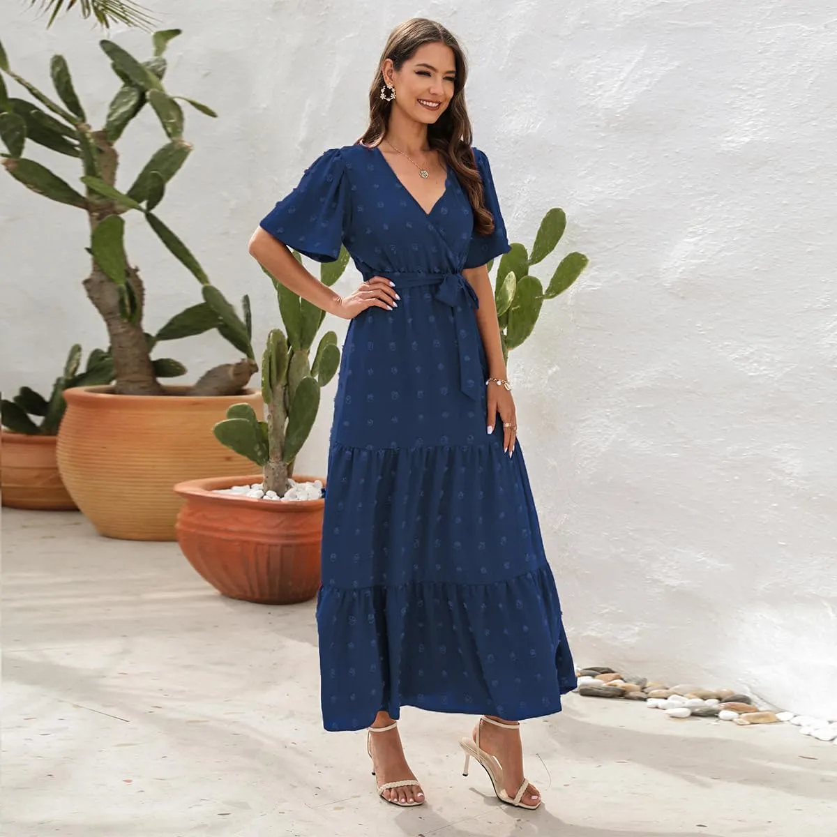 IDOPIP Women Casual Swiss Dot Tiered Maxi Dress with Belt Beach Summer Wedding Guest Sundress Elegant Cocktail Evening Outfit