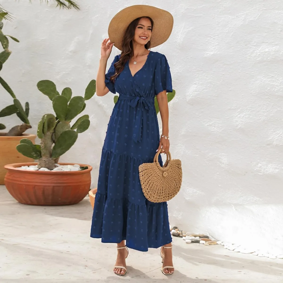 IDOPIP Women Casual Swiss Dot Tiered Maxi Dress with Belt Beach Summer Wedding Guest Sundress Elegant Cocktail Evening Outfit