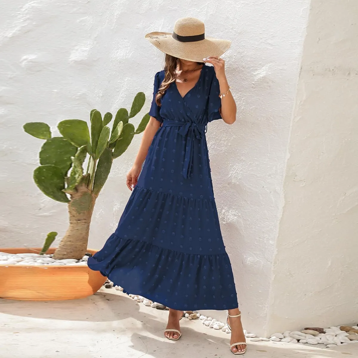 IDOPIP Women Casual Swiss Dot Tiered Maxi Dress with Belt Beach Summer Wedding Guest Sundress Elegant Cocktail Evening Outfit