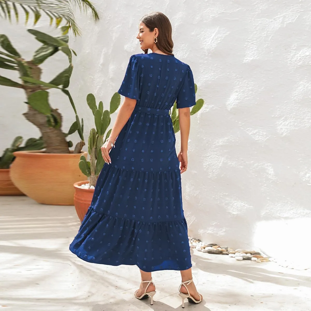 IDOPIP Women Casual Swiss Dot Tiered Maxi Dress with Belt Beach Summer Wedding Guest Sundress Elegant Cocktail Evening Outfit