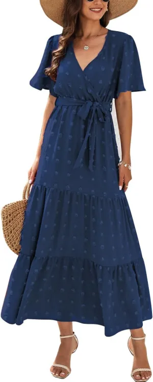 IDOPIP Women Casual Swiss Dot Tiered Maxi Dress with Belt Beach Summer Wedding Guest Sundress Elegant Cocktail Evening Outfit