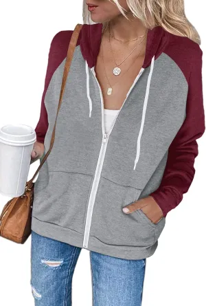 INFITTY Women's Casual Color Block Long Sleeve Zip Up Hooded Sweatshirt Lightweight Hoodies Jacket with Pocket
