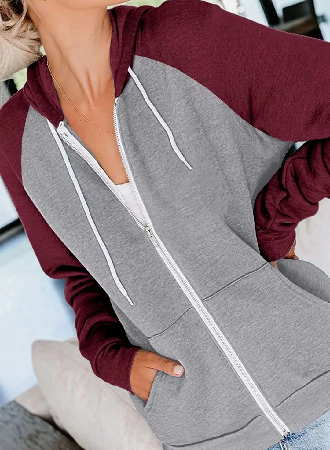 INFITTY Women's Casual Color Block Long Sleeve Zip Up Hooded Sweatshirt Lightweight Hoodies Jacket with Pocket