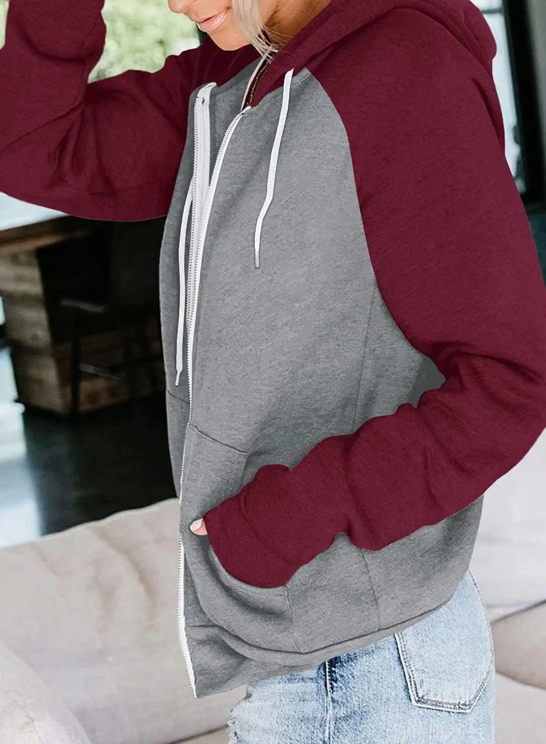 INFITTY Women's Casual Color Block Long Sleeve Zip Up Hooded Sweatshirt Lightweight Hoodies Jacket with Pocket
