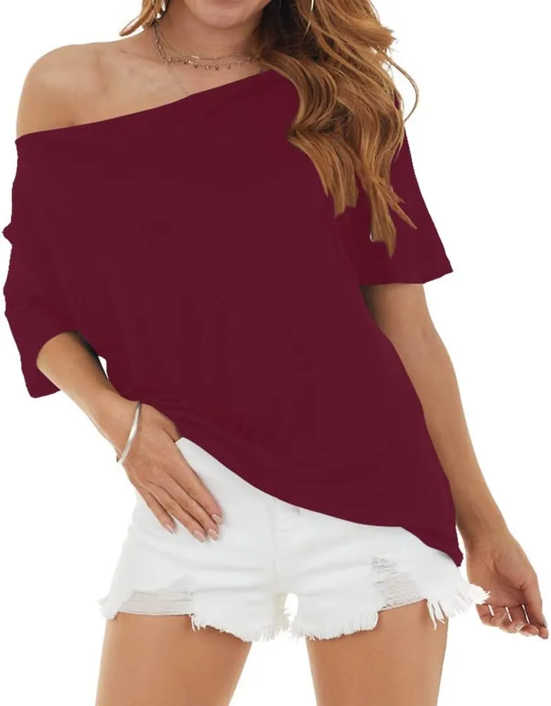 INFITTY Women's Off Shoulder Tops Short Sleeve Casual Loose Batwing Shirts Oversized Blouse Tunic