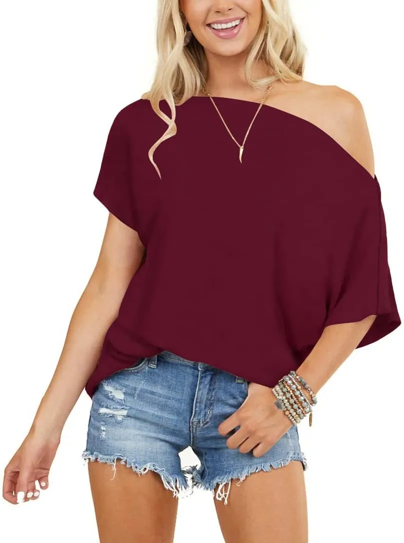 INFITTY Women's Off Shoulder Tops Short Sleeve Casual Loose Batwing Shirts Oversized Blouse Tunic
