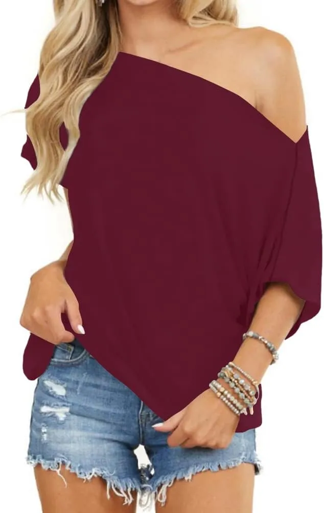 INFITTY Women's Off Shoulder Tops Short Sleeve Casual Loose Batwing Shirts Oversized Blouse Tunic
