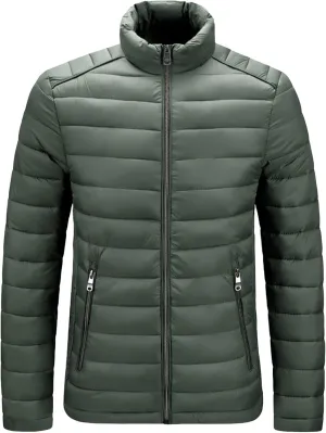JEShifangjiusu Men Winter Cotton Padded Jacket Casual Stand Collar Hoodless Zipper Pocket Coat Thicken Long Sleeve Coats, Army Green, X-Large