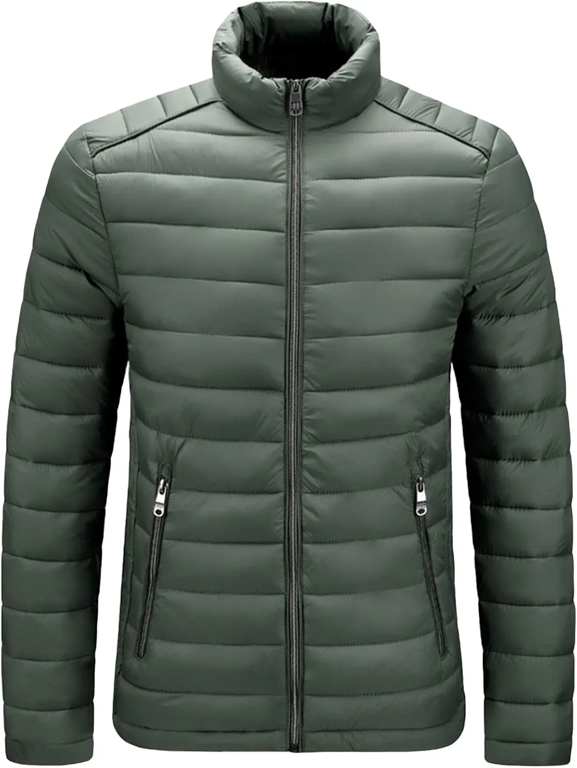 JEShifangjiusu Men Winter Cotton Padded Jacket Casual Stand Collar Hoodless Zipper Pocket Coat Thicken Long Sleeve Coats, Army Green, X-Large