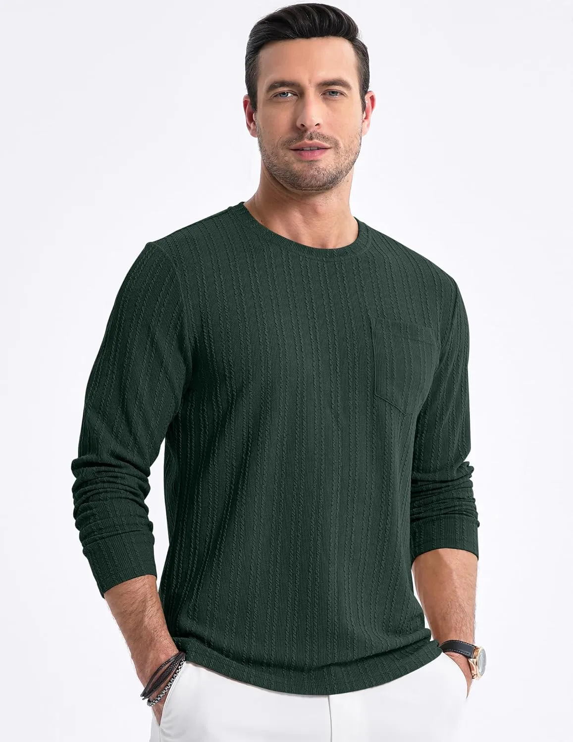JMIERR Men's Long Sleeve Shirts Casual Crewneck Pullover T-Shirt Stretch Textured Knit Tee with Pocket