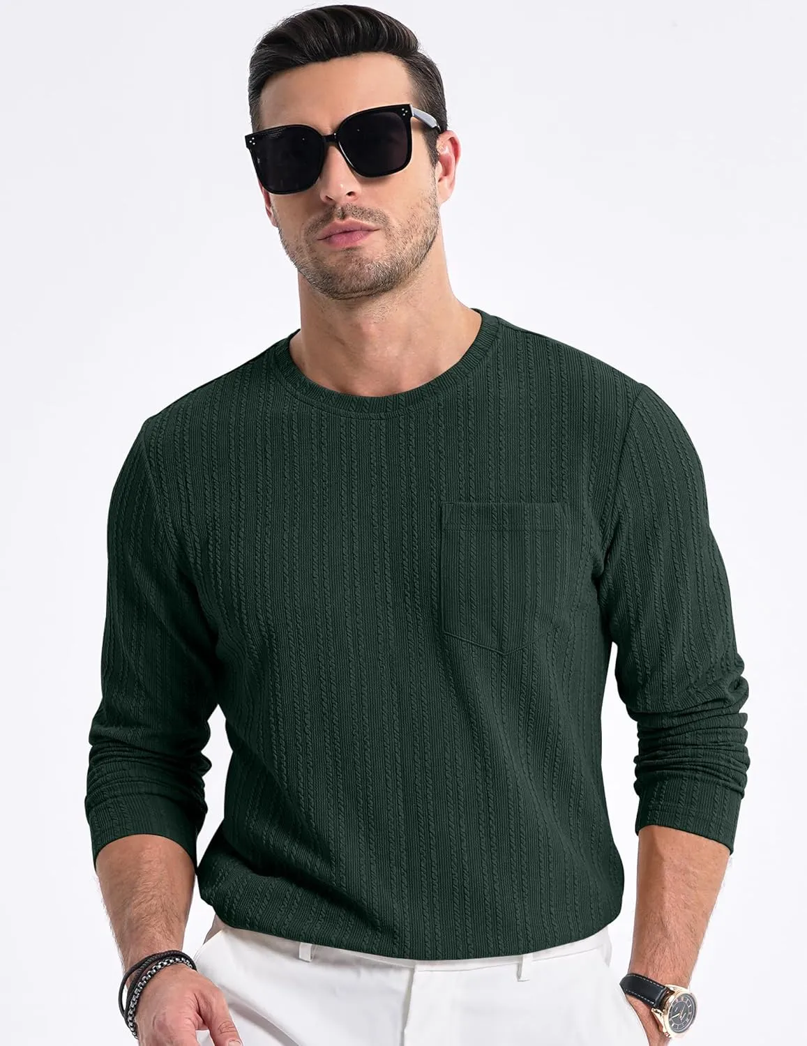 JMIERR Men's Long Sleeve Shirts Casual Crewneck Pullover T-Shirt Stretch Textured Knit Tee with Pocket