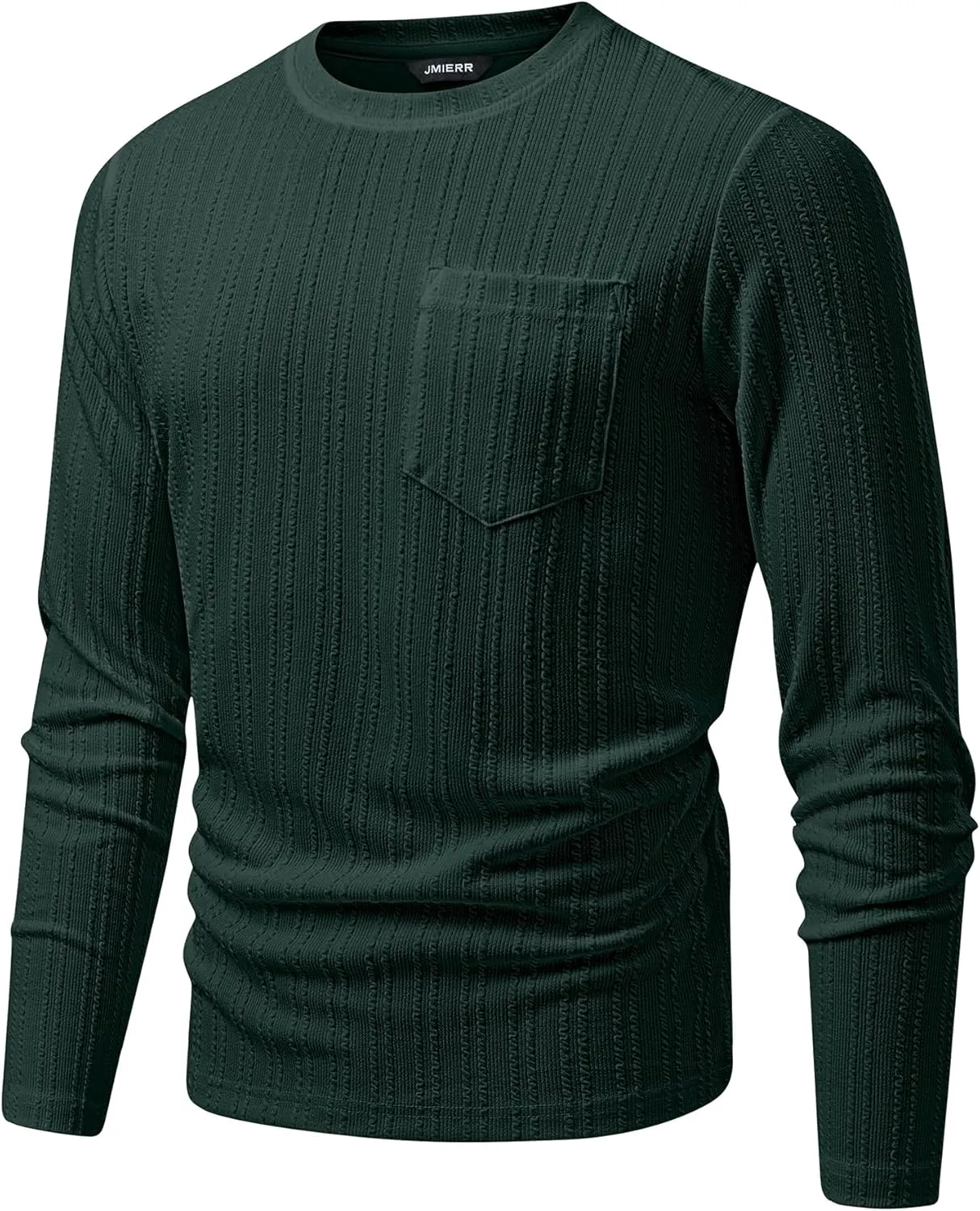 JMIERR Men's Long Sleeve Shirts Casual Crewneck Pullover T-Shirt Stretch Textured Knit Tee with Pocket