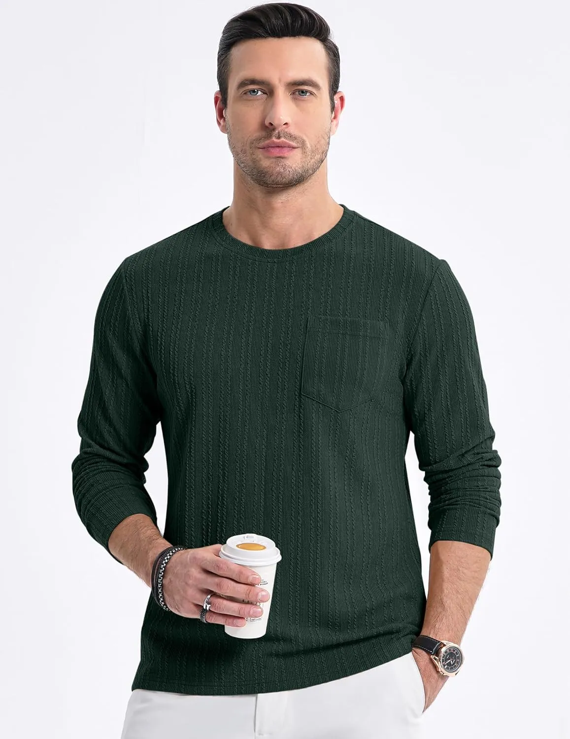JMIERR Men's Long Sleeve Shirts Casual Crewneck Pullover T-Shirt Stretch Textured Knit Tee with Pocket