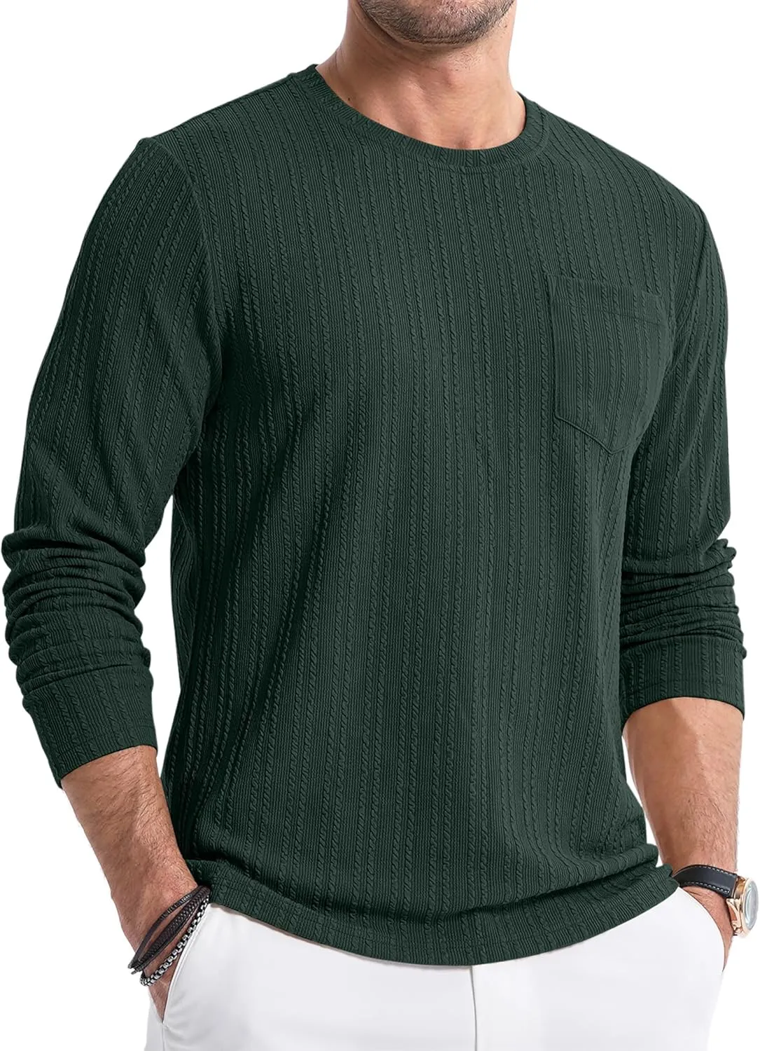JMIERR Men's Long Sleeve Shirts Casual Crewneck Pullover T-Shirt Stretch Textured Knit Tee with Pocket