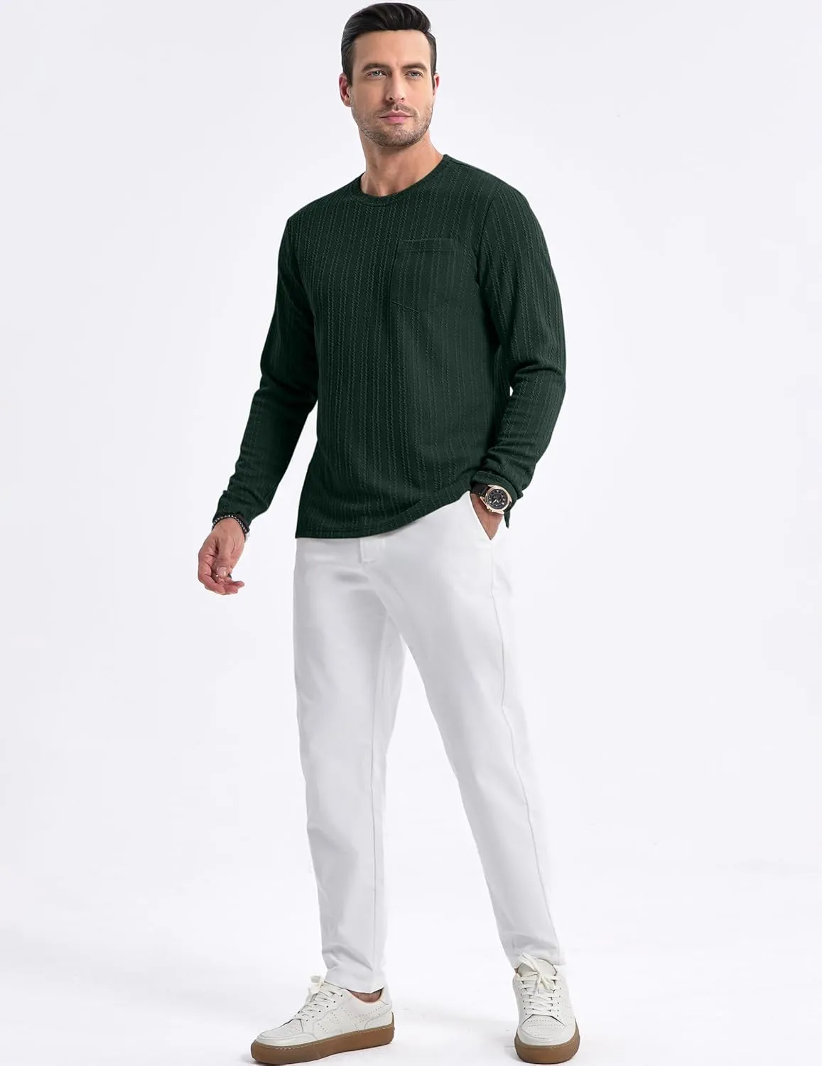 JMIERR Men's Long Sleeve Shirts Casual Crewneck Pullover T-Shirt Stretch Textured Knit Tee with Pocket