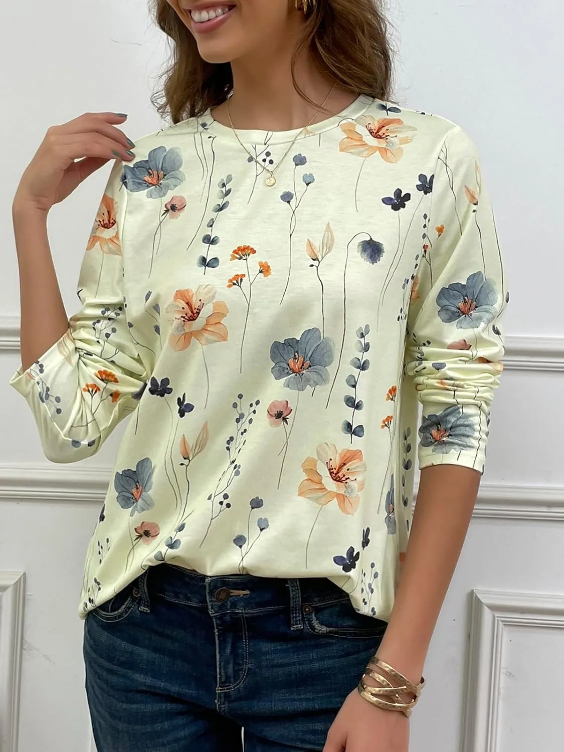 JUSTFASHIONNOW Womens Long Sleeve Tops Casual Shirts for Women Summer Flower Printed T Shirt Crewneck Floral Tee