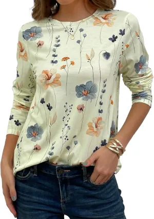 JUSTFASHIONNOW Womens Long Sleeve Tops Casual Shirts for Women Summer Flower Printed T Shirt Crewneck Floral Tee