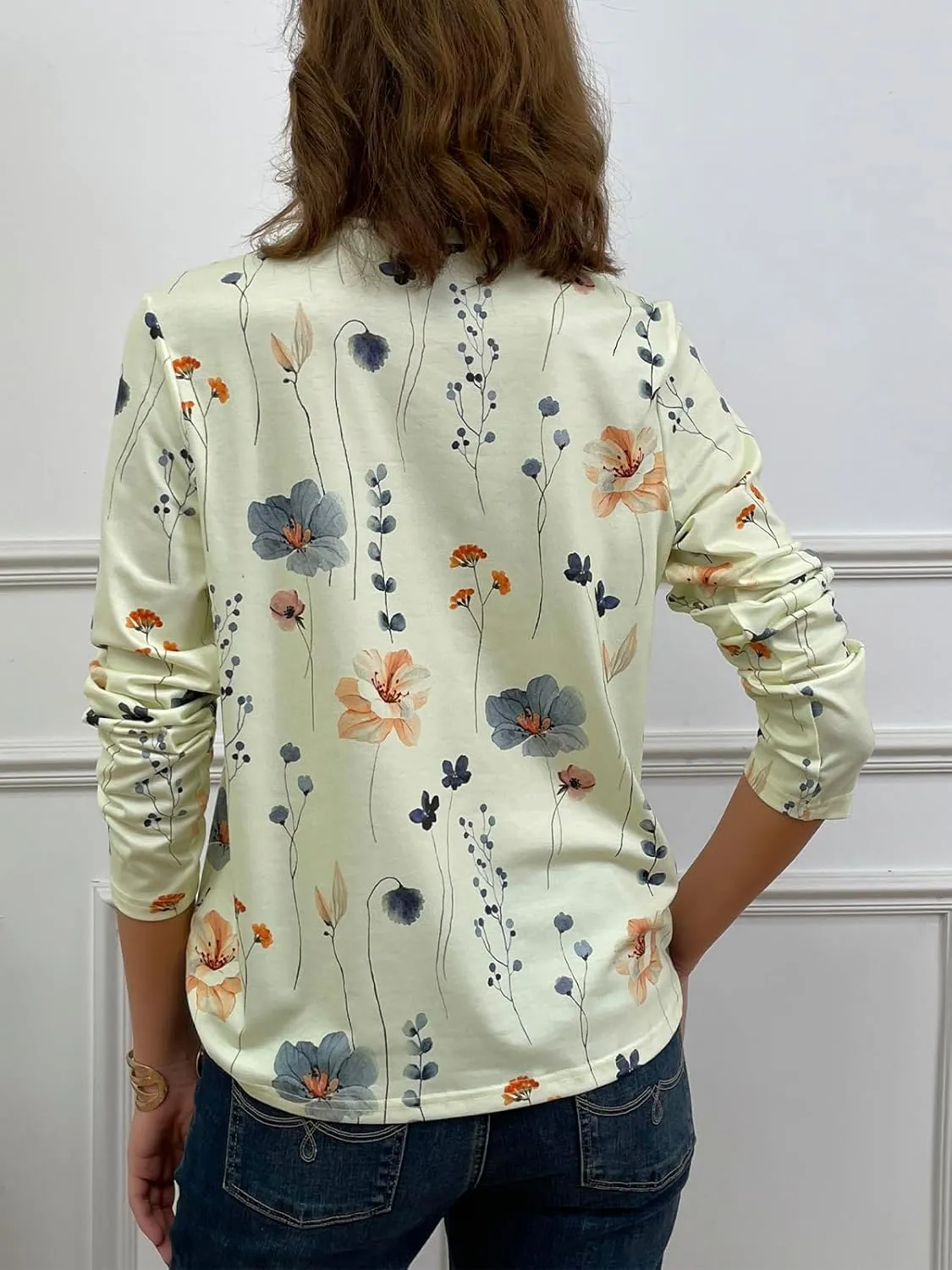 JUSTFASHIONNOW Womens Long Sleeve Tops Casual Shirts for Women Summer Flower Printed T Shirt Crewneck Floral Tee