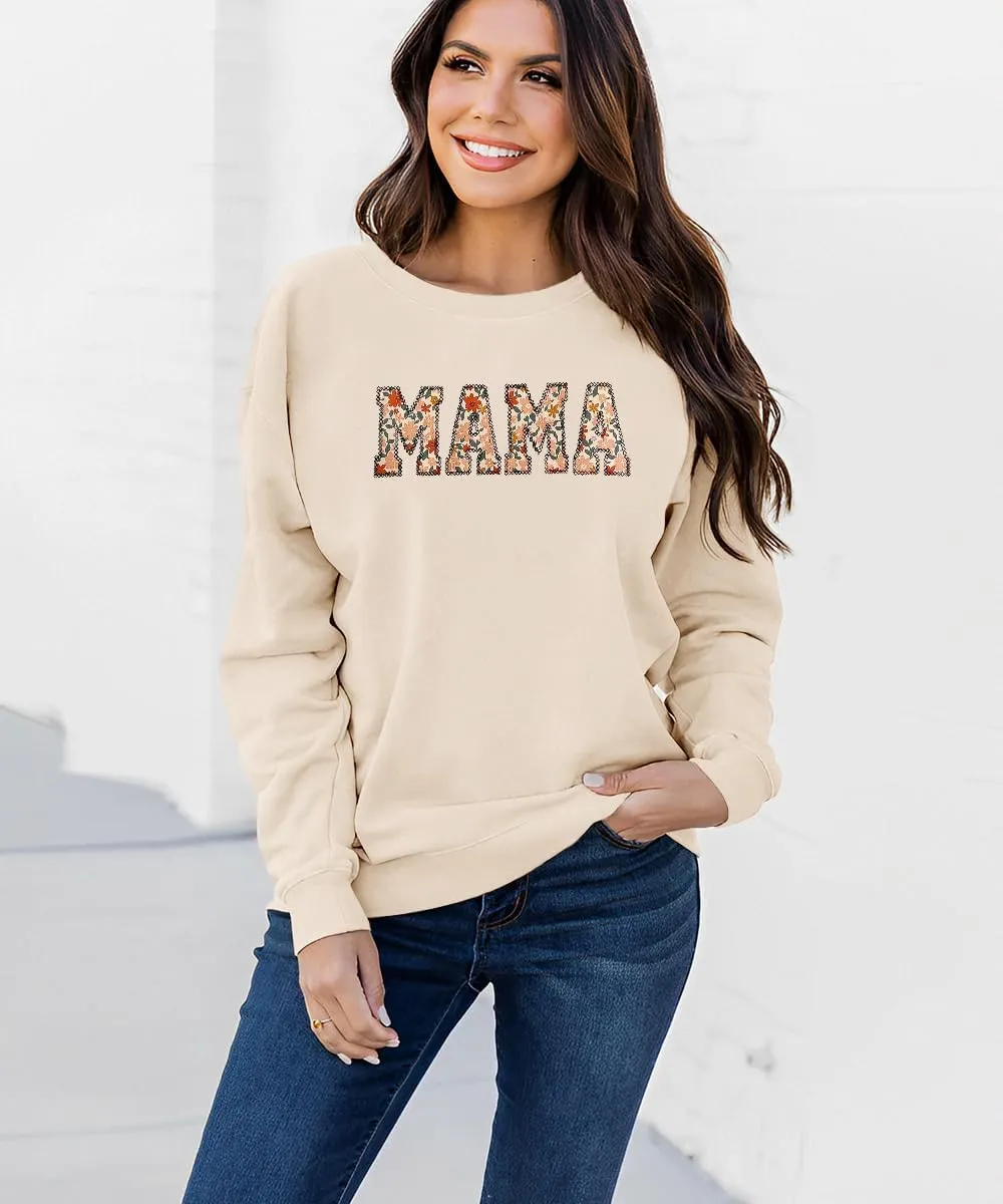 KEKEMI Mama Sweatshirt For Women Crewneck Mama Letter Print Pullover Tops Long Sleeve Mom Life Shirts Casual MAMA Graphic Top