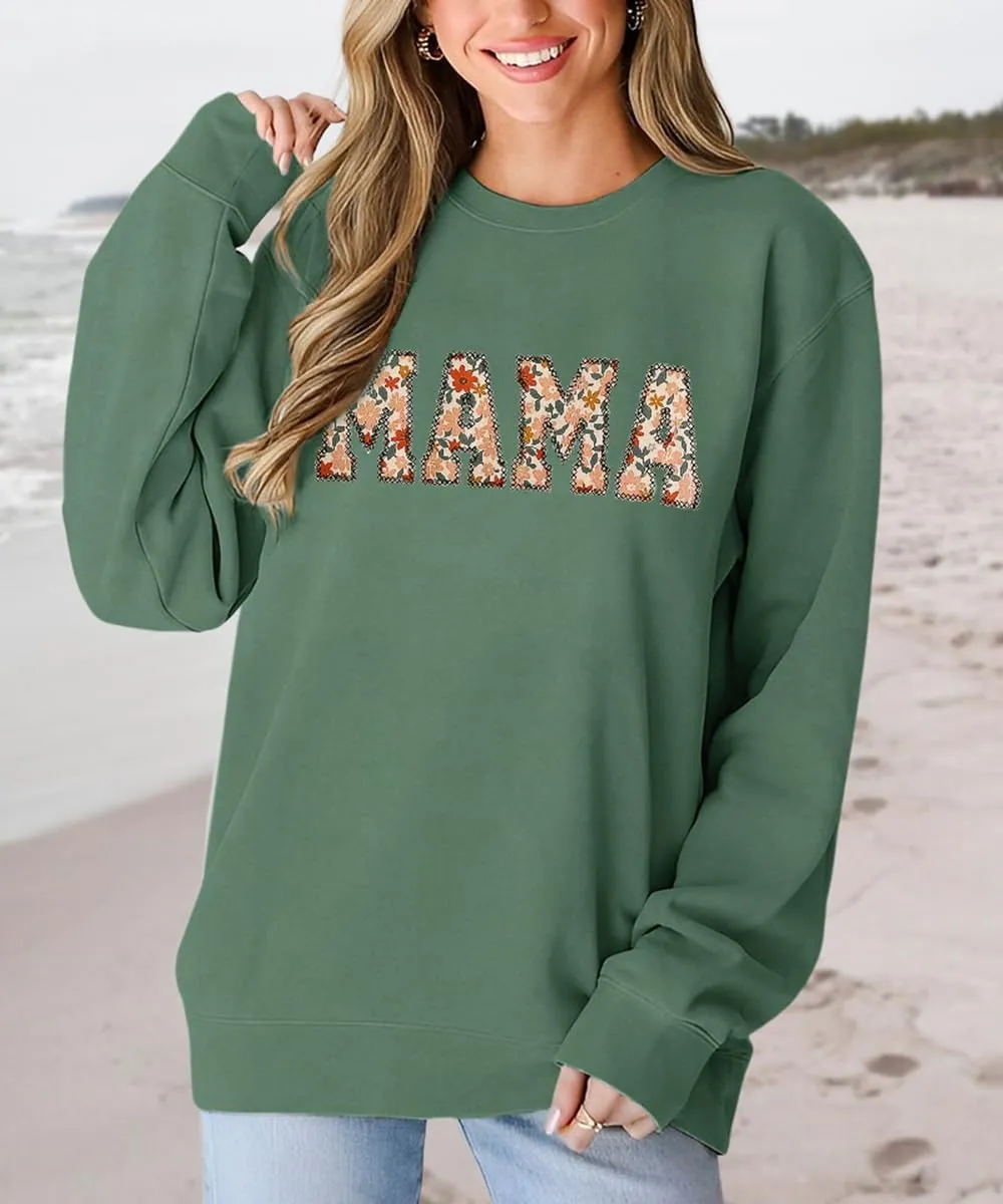 KEKEMI Mama Sweatshirt For Women Crewneck Mama Letter Print Pullover Tops Long Sleeve Mom Life Shirts Casual MAMA Graphic Top