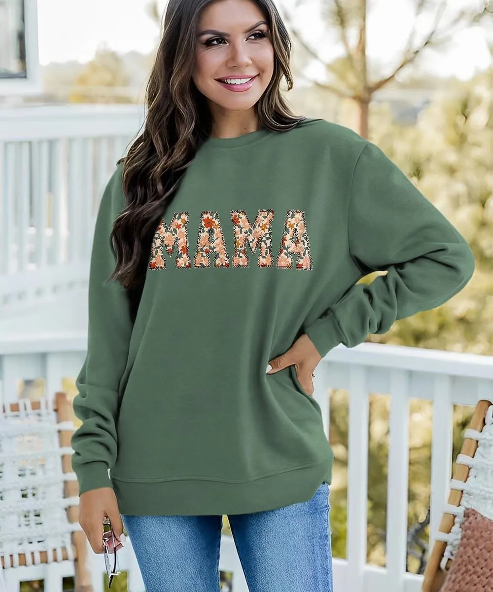 KEKEMI Mama Sweatshirt For Women Crewneck Mama Letter Print Pullover Tops Long Sleeve Mom Life Shirts Casual MAMA Graphic Top