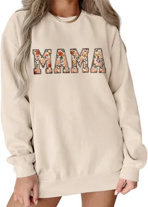 KEKEMI Mama Sweatshirt For Women Crewneck Mama Letter Print Pullover Tops Long Sleeve Mom Life Shirts Casual MAMA Graphic Top