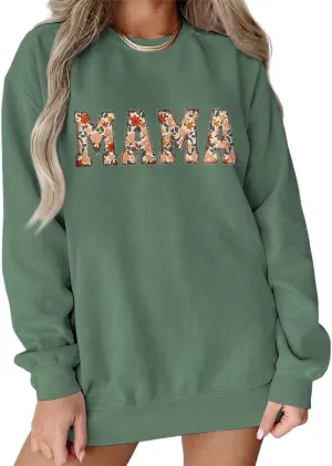 KEKEMI Mama Sweatshirt For Women Crewneck Mama Letter Print Pullover Tops Long Sleeve Mom Life Shirts Casual MAMA Graphic Top