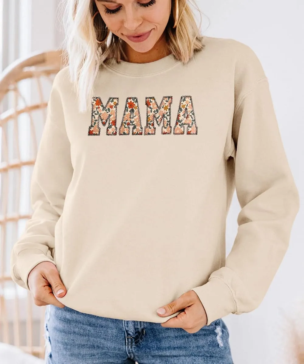 KEKEMI Mama Sweatshirt For Women Crewneck Mama Letter Print Pullover Tops Long Sleeve Mom Life Shirts Casual MAMA Graphic Top