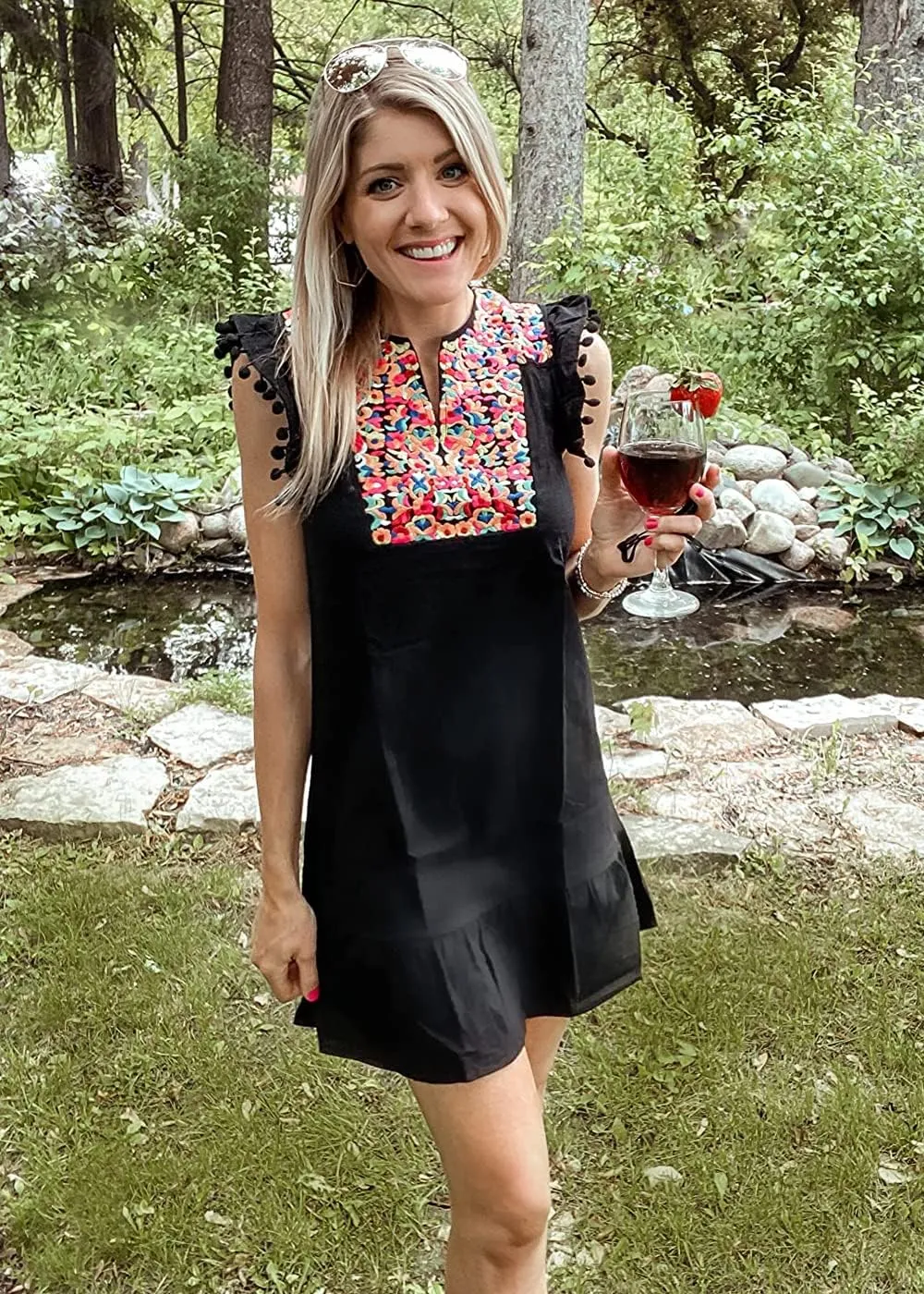 KIRUNDO Women's 2025 Summer Mini Dress Casual V Neck Floral Embroidered Ruffle Sleeveless Shift Flowy Boho Dress