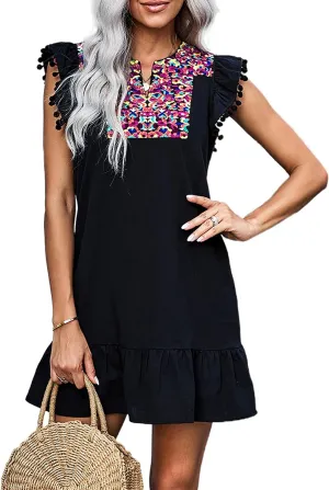 KIRUNDO Women's 2025 Summer Mini Dress Casual V Neck Floral Embroidered Ruffle Sleeveless Shift Flowy Boho Dress