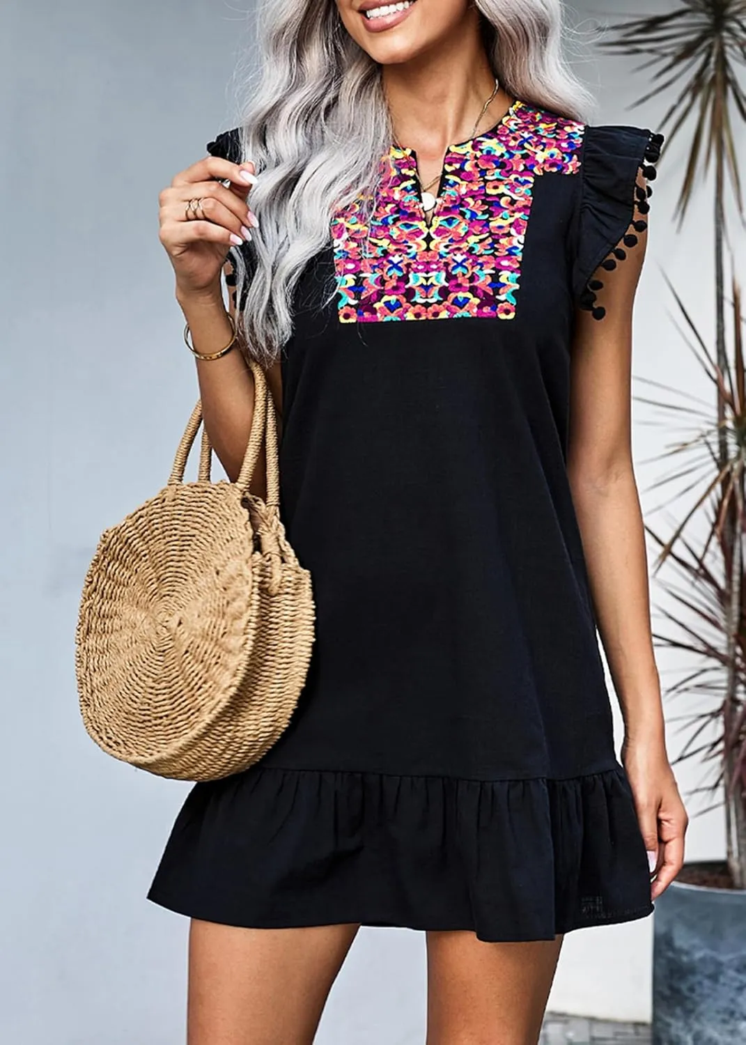 KIRUNDO Women's 2025 Summer Mini Dress Casual V Neck Floral Embroidered Ruffle Sleeveless Shift Flowy Boho Dress