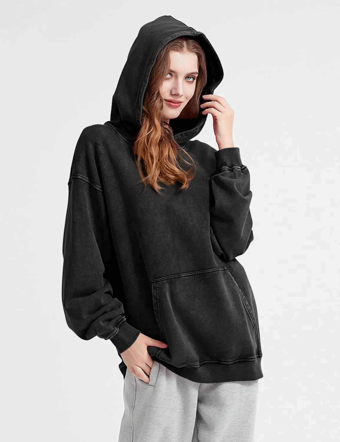 Kissonic Womens Acid Wash Hoodie Vintage Pullover Fashion Heavyweight Hooded Basic Couples Streetwear Sweatshirts