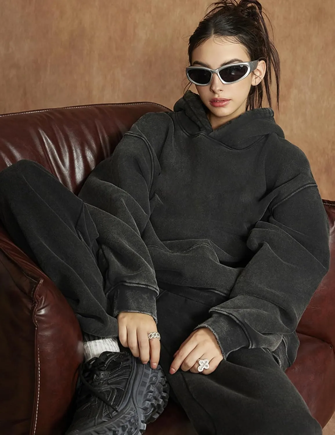 Kissonic Womens Acid Wash Hoodie Vintage Pullover Fashion Heavyweight Hooded Basic Couples Streetwear Sweatshirts