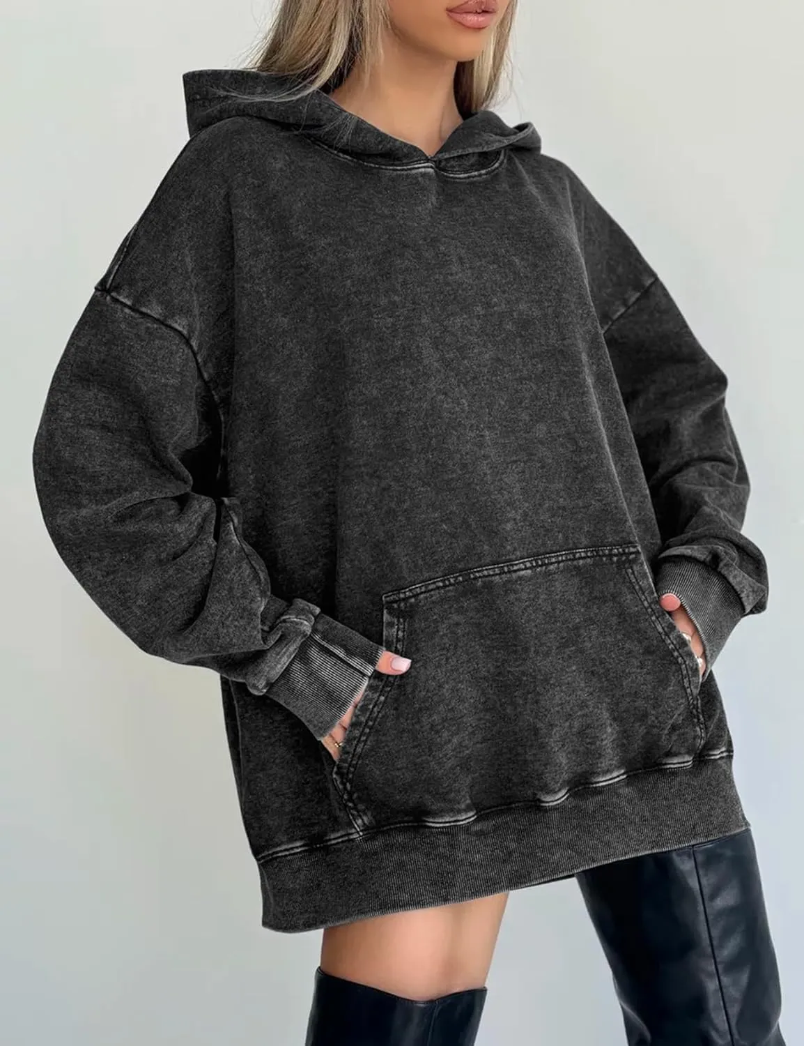 Kissonic Womens Acid Wash Hoodie Vintage Pullover Fashion Heavyweight Hooded Basic Couples Streetwear Sweatshirts