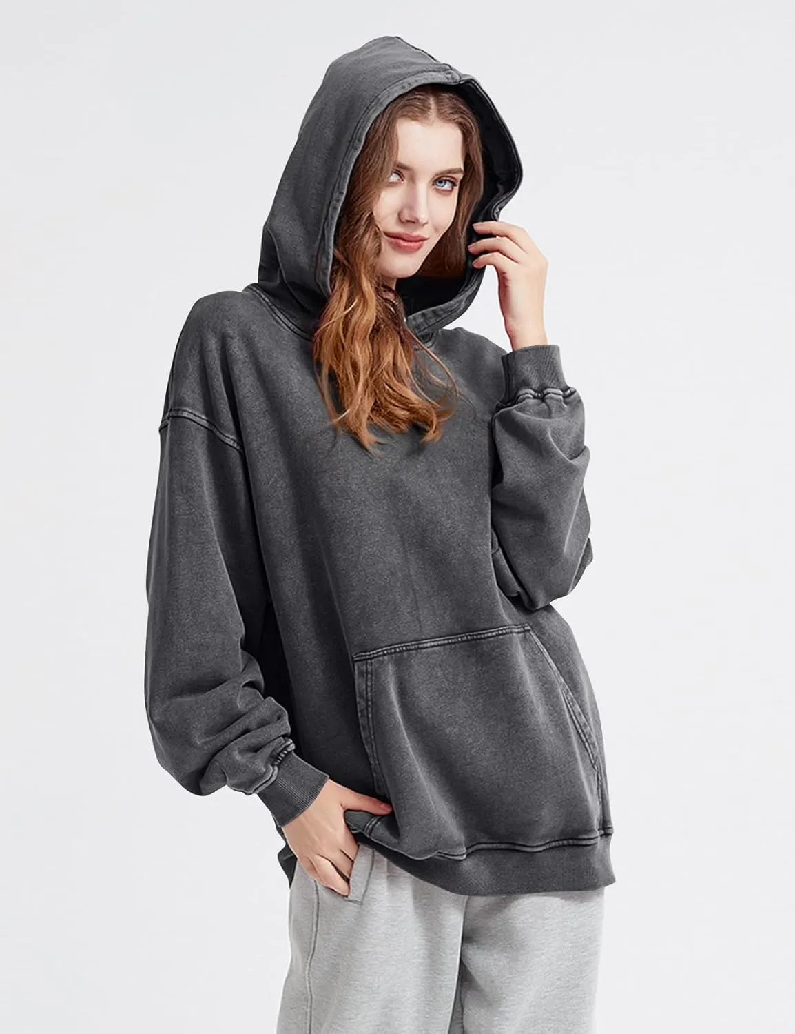 Kissonic Womens Acid Wash Hoodie Vintage Pullover Fashion Heavyweight Hooded Basic Couples Streetwear Sweatshirts