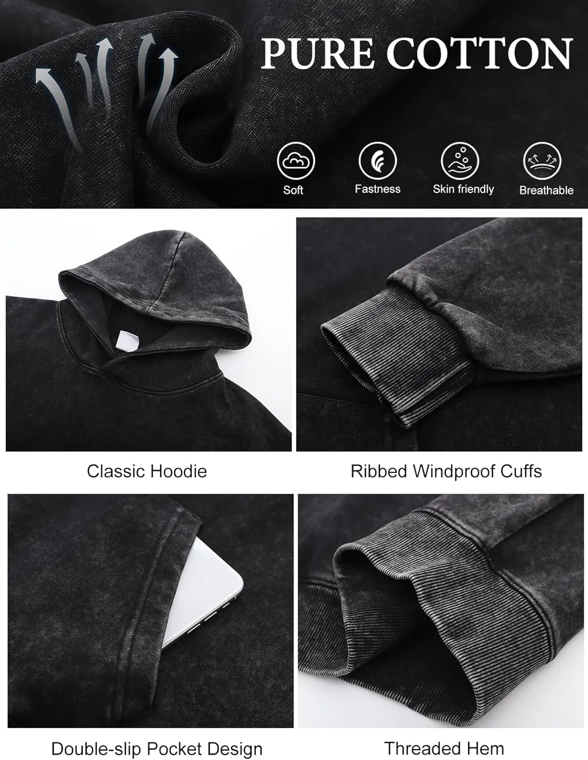 Kissonic Womens Acid Wash Hoodie Vintage Pullover Fashion Heavyweight Hooded Basic Couples Streetwear Sweatshirts