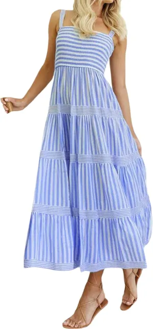 KMBANGI Women Striped Smocked Maxi Dress Spaghetti Strap Square Neck Shirred Long Dress Boho Flowy A Line Beach Sundress