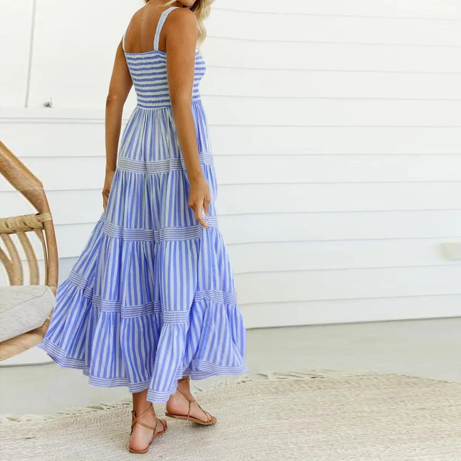 KMBANGI Women Striped Smocked Maxi Dress Spaghetti Strap Square Neck Shirred Long Dress Boho Flowy A Line Beach Sundress