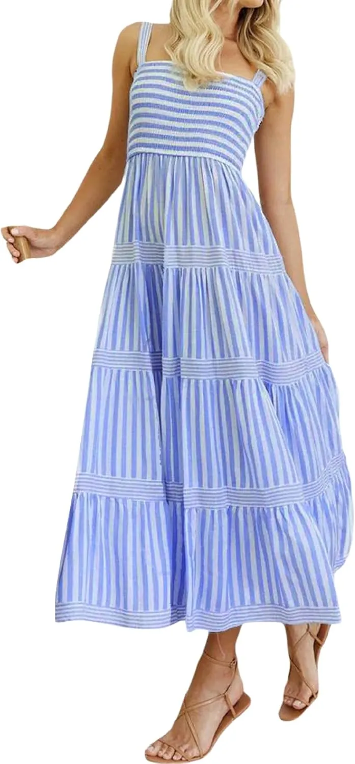KMBANGI Women Striped Smocked Maxi Dress Spaghetti Strap Square Neck Shirred Long Dress Boho Flowy A Line Beach Sundress