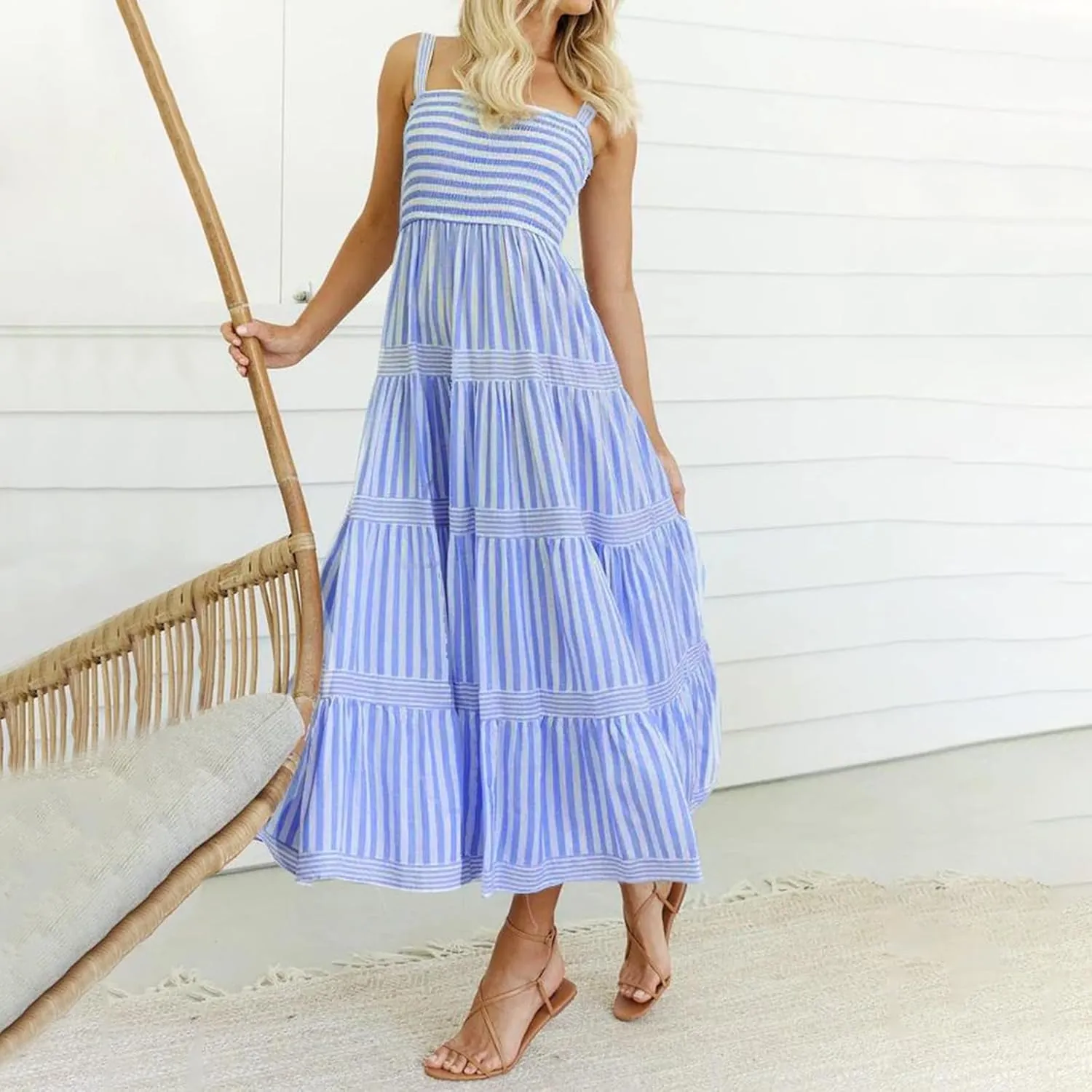 KMBANGI Women Striped Smocked Maxi Dress Spaghetti Strap Square Neck Shirred Long Dress Boho Flowy A Line Beach Sundress