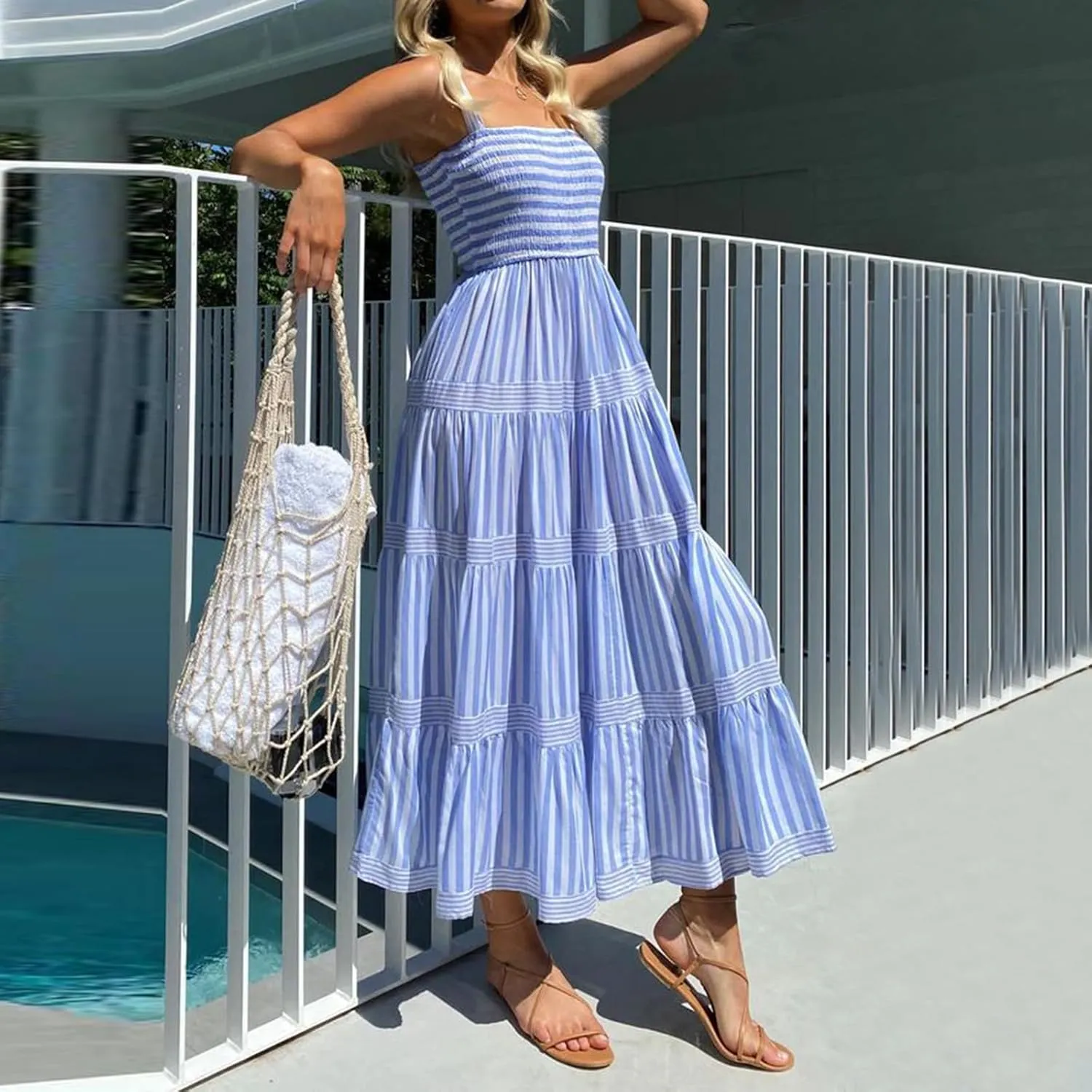 KMBANGI Women Striped Smocked Maxi Dress Spaghetti Strap Square Neck Shirred Long Dress Boho Flowy A Line Beach Sundress