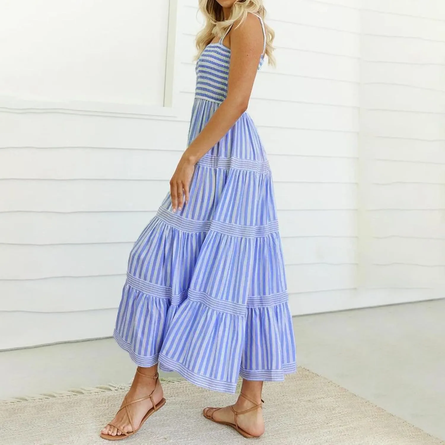 KMBANGI Women Striped Smocked Maxi Dress Spaghetti Strap Square Neck Shirred Long Dress Boho Flowy A Line Beach Sundress