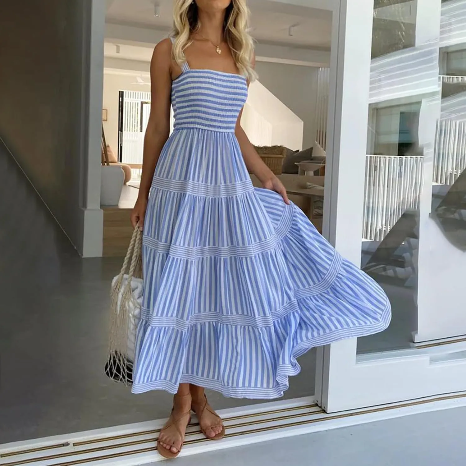 KMBANGI Women Striped Smocked Maxi Dress Spaghetti Strap Square Neck Shirred Long Dress Boho Flowy A Line Beach Sundress