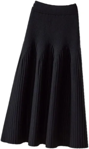 Knitted Skirt Women Casual Solid A Line High Waist Pleated Midi Long Skirt Female Ladies