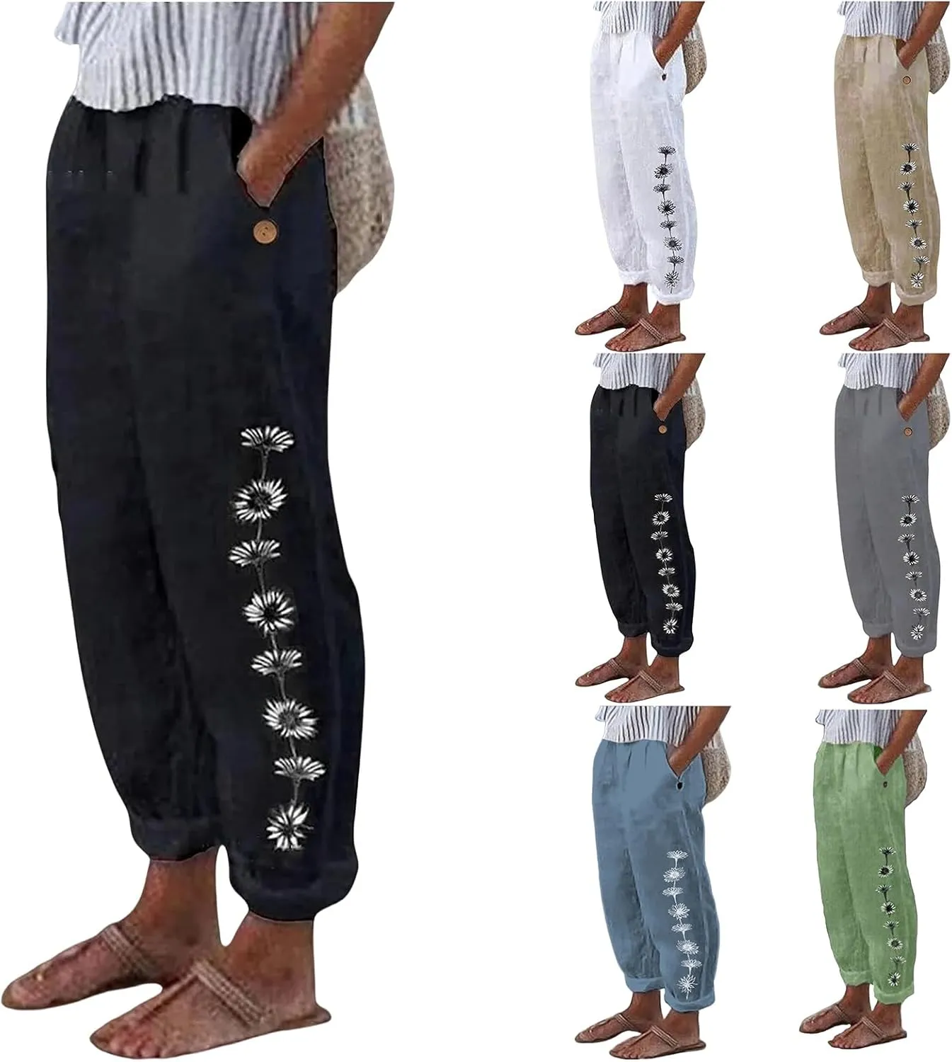 Kubbon Women's Linen Pants High Waisted Wide Leg Sweatpants Casual Lightweight Loose Elastic Waist Trousers with Pockets