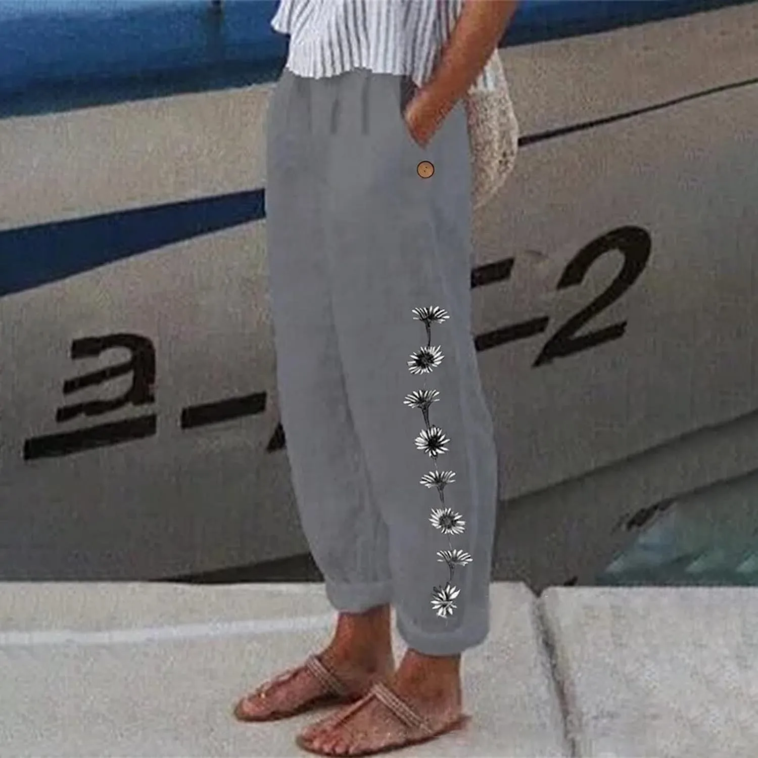 Kubbon Women's Linen Pants High Waisted Wide Leg Sweatpants Casual Lightweight Loose Elastic Waist Trousers with Pockets